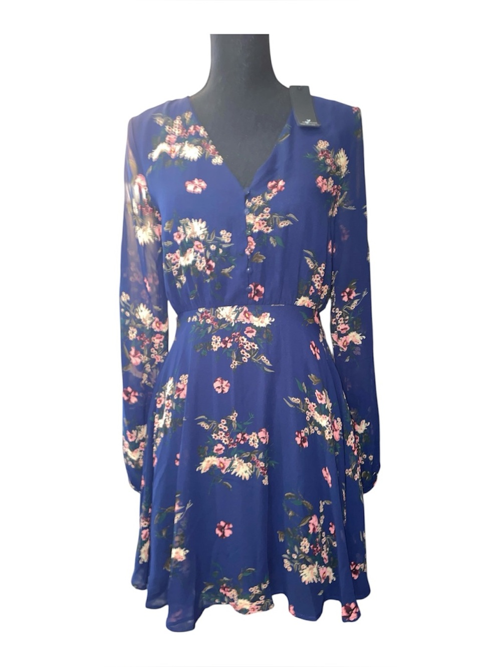 NWT lulus floral V-Neck Long Sleeve Dress sheer arms tie back